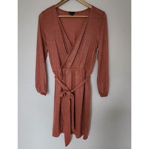 Halogen Women's Sparkle Long Sleeve Faux Wrap Dress Rust Marsala SZ S